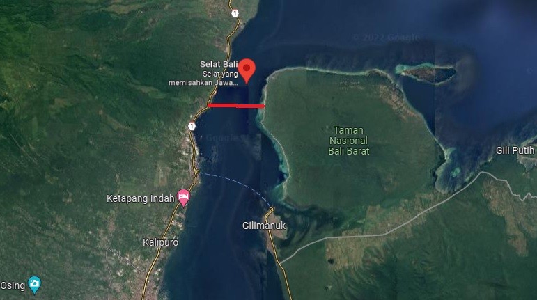 Jarak Pulau Jawa dan Pulau Bali terdekat sekitar 2 kilometer. (Foto: googlemaps)