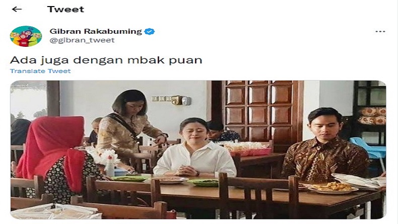 gibran-puan Wali Kota Solo Gibran Rakabuming Raka saat makan bersama Ketua DPR Puan Maharani. Foto: Twitter @gibran_tweet.