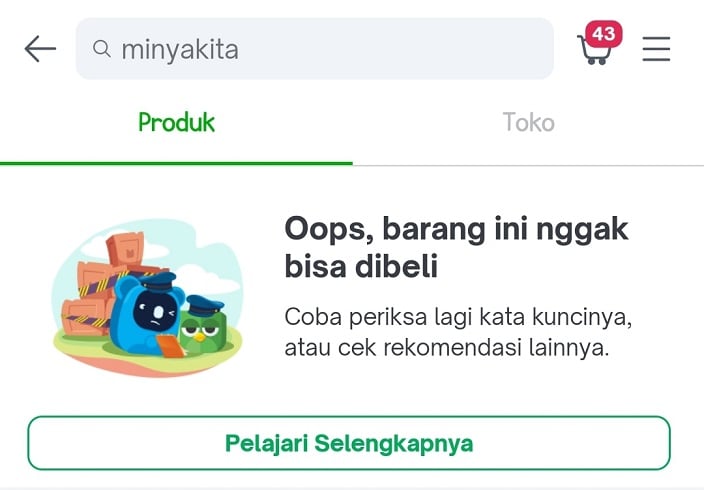 Hasil pencarian Minyakita di platform marketplace. (Foto: Tangkapan Layar)