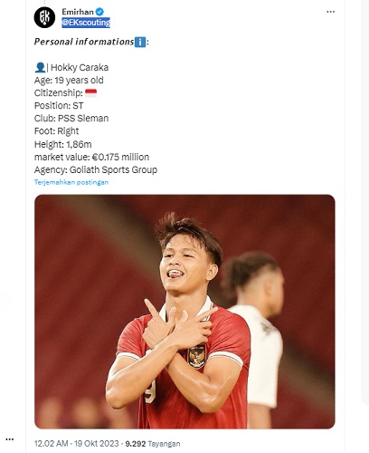 Emirhan mengungkap profil Hokky Caraka di akun Twitternya, @EKscouting)