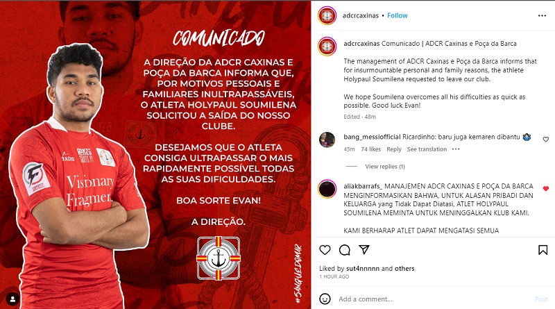 Klub futsal Portugal ADCR Caxinas resmi mengumumkan Evan Soumilena memutuskan meninggalkan klub tersebut. (Foto: Instagram @adcrcaxinas)