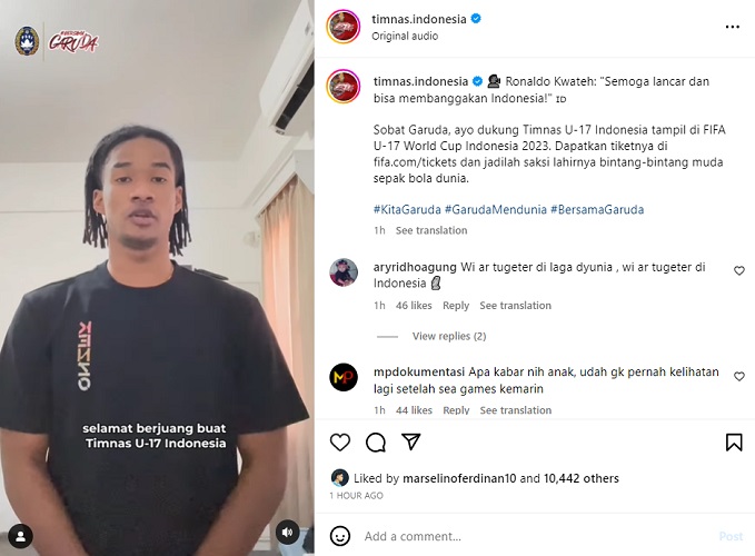 Ronaldo Kwateh doakan Timnas Indonesia U-17 sukses di Piala Dunia U-17 2023. (Foto: Instagram @timnas.indonesia)