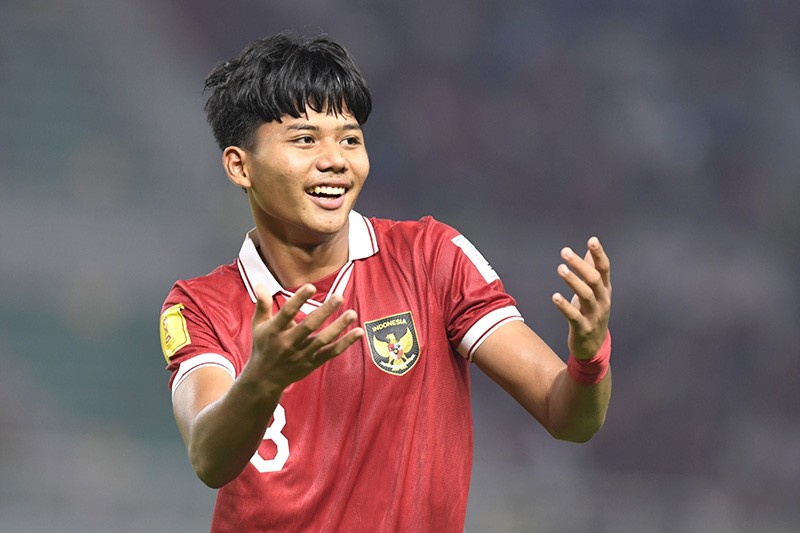 Ekspresi Arkhan Kaka usai mencetak gol ke gawang Panama U-17 pada laga kedua Grup A Piala Dunia U-17 di Stadion GBT, Senin (13/11) malam. (foto IG @timnas_indonesia)