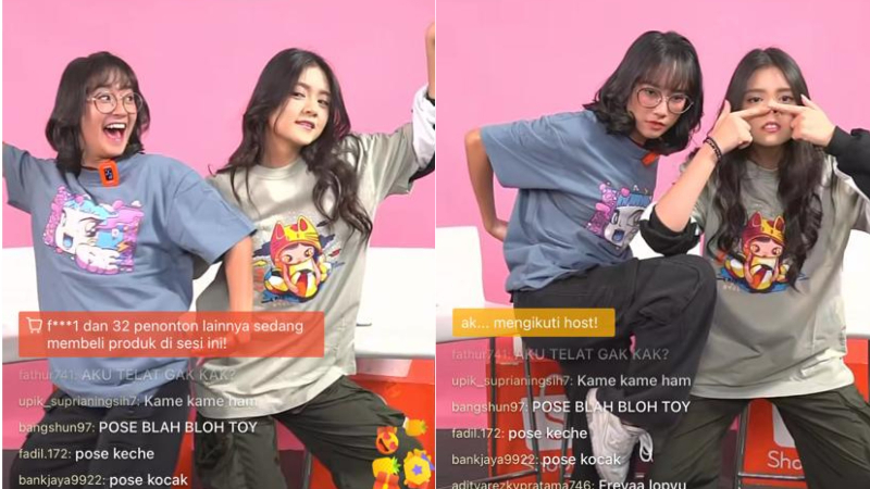 Pose kocak Freya dan Christy JKT48 di Shopee Live. (Foto: tangkapan layar)