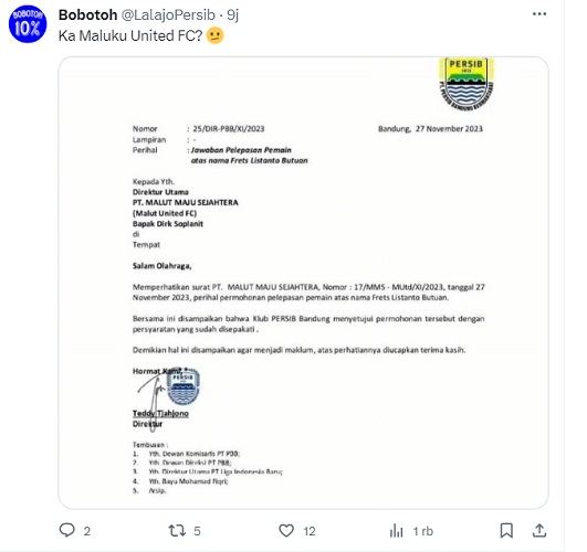 Surat pelepasan Frets Butuan dari Persib Bandung Surat pelepasan Frets Butuan dari Persib Bandung ke Malut United FC bocor ke publik. (Foto: X)