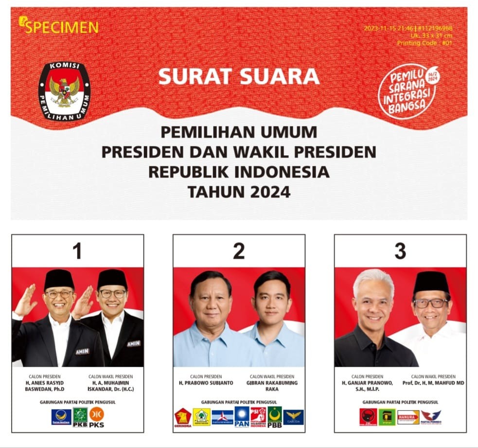 KPU resmi menetapkan desain surat suara Pilpres 2024. (Foto dok KPU).