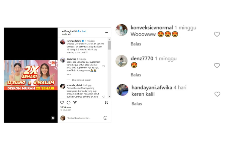 Akun Instagram dan TikTok Raffi Ahmad dan Nagita Slavina dibanjiri komen positif dari para followers. (Foto; Instagram/tangkapan layar)