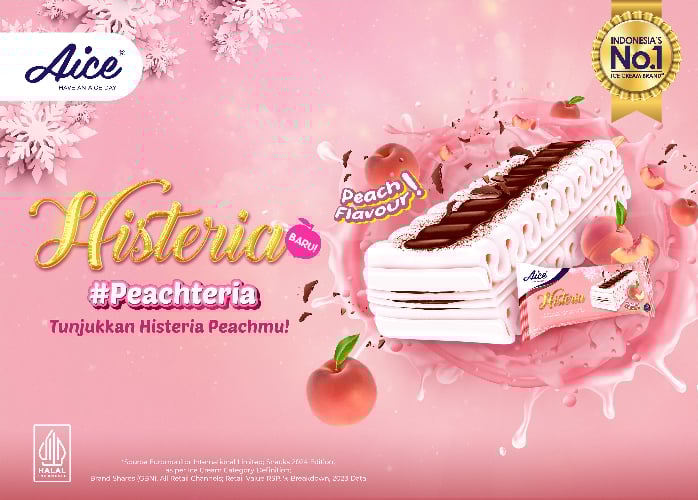 es krim Aice Histeria Salah satu produk es krim Aice, yaitu Histeria yang merupakan es krim mini cake stick rasa peach pertama di Indonesia. (Foto: dok Aice)