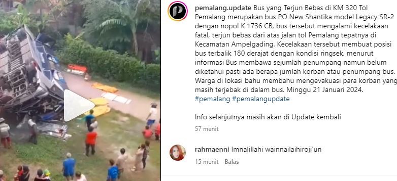 Bus Shantika kecelakaan terjun bebas di Jalan Tol Pemalang. (Foto: Instagram)