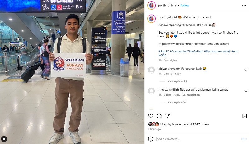 Port FC menyambut Asnawi Mangkualam di akun Instagram resmi mereka. (Foto: Instagram @portfc_official)