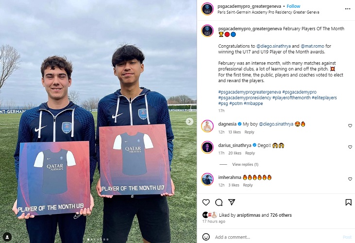 Diego Sinathrya (kanan) terpilih menjadi pemain terbaik bulan ini di PSG Akademi. (Foto: Instagram @psgacademypro_greatergeneva)