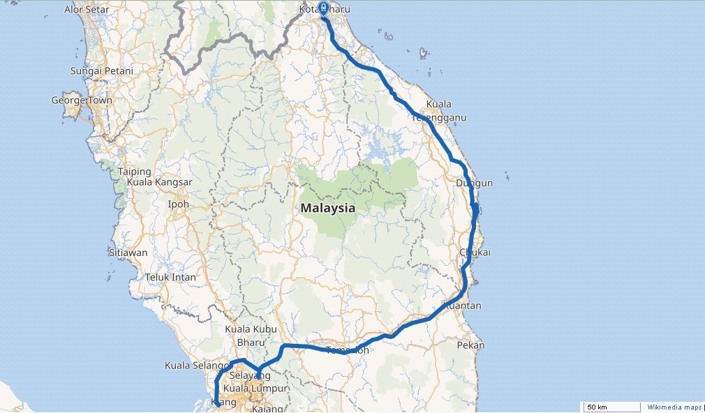 Peta rute MRL East Coast Rail Link (ECRL), jalur kereta api yang menghubungkan pantai timur dan barat Semenanjung Malaysia. (Sumber: Wikimedia maps)