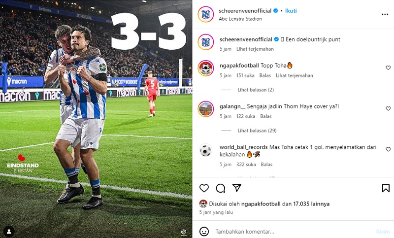SC Heerenveen mengunggah selebrasi Thom Haye ke gawang FC Twente pada Liga Belanda 2023-2024, Kamis (4/4/2024) dini hari WIB. (Foto: @scheerenveenofficial)