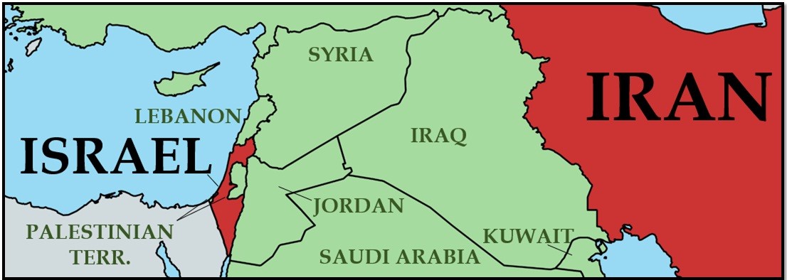 Peta kawasan Timur Tengah yang menunjukkan wilayah Iran dan Israel (warna merah). (Grafis: The Iran Primer)