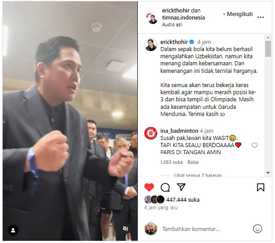 Ketua Umum PSSI Erick Thohir menyemangati pasukan Timnas Indonesia U-23 usai kalah dari Uzbekistan pada semifinal Piala Asia U-23 2024, Senin (29/4/2024) malam WIB. (Foto: Instagram @erickthohir)