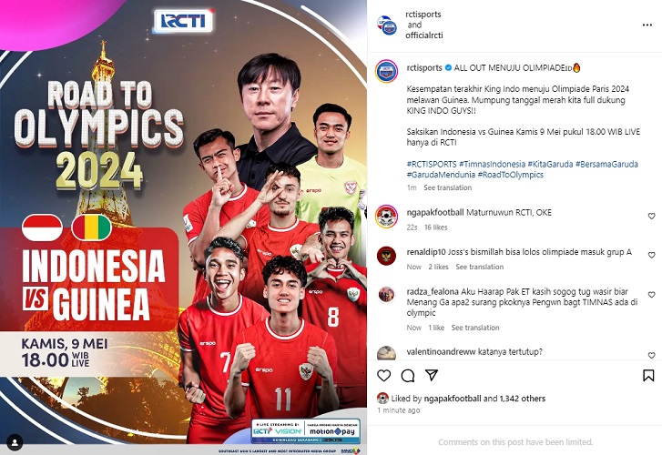 RCTI mengumumkan jadwal siaran langsung Timnas Indonesia vs Guinea. (Foto: Instagram @rctisports)