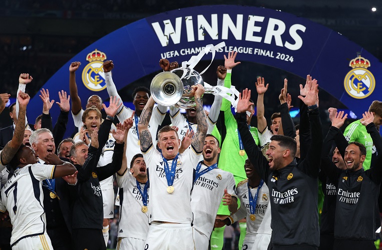 Real Madrid juara Liga Champions 2023-2024 usai melibas Borussia Dortmund 2-0 pada final di Wembley, Minggu (2/6/2024) dini hari WIB. (Foto: REUTERS)