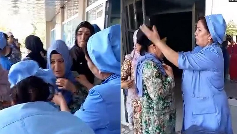 Tangkapan layar video yang diposting di media sosial menunjukkan petugas medis Tajikistan meminta pengunjung melepas jilbab mereka sebelum memasuki rumah sakit. (Foto: via RFE/RL)