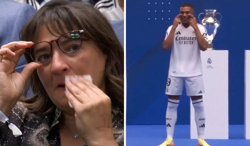 Ibunda Kylian Mbappe, Fayza Lamari (kiri) menangis melihat anaknya resmi menjadi pemain Real Madrid, Selasa (16/7/2024). (Foto: Instagram @sportbible)
