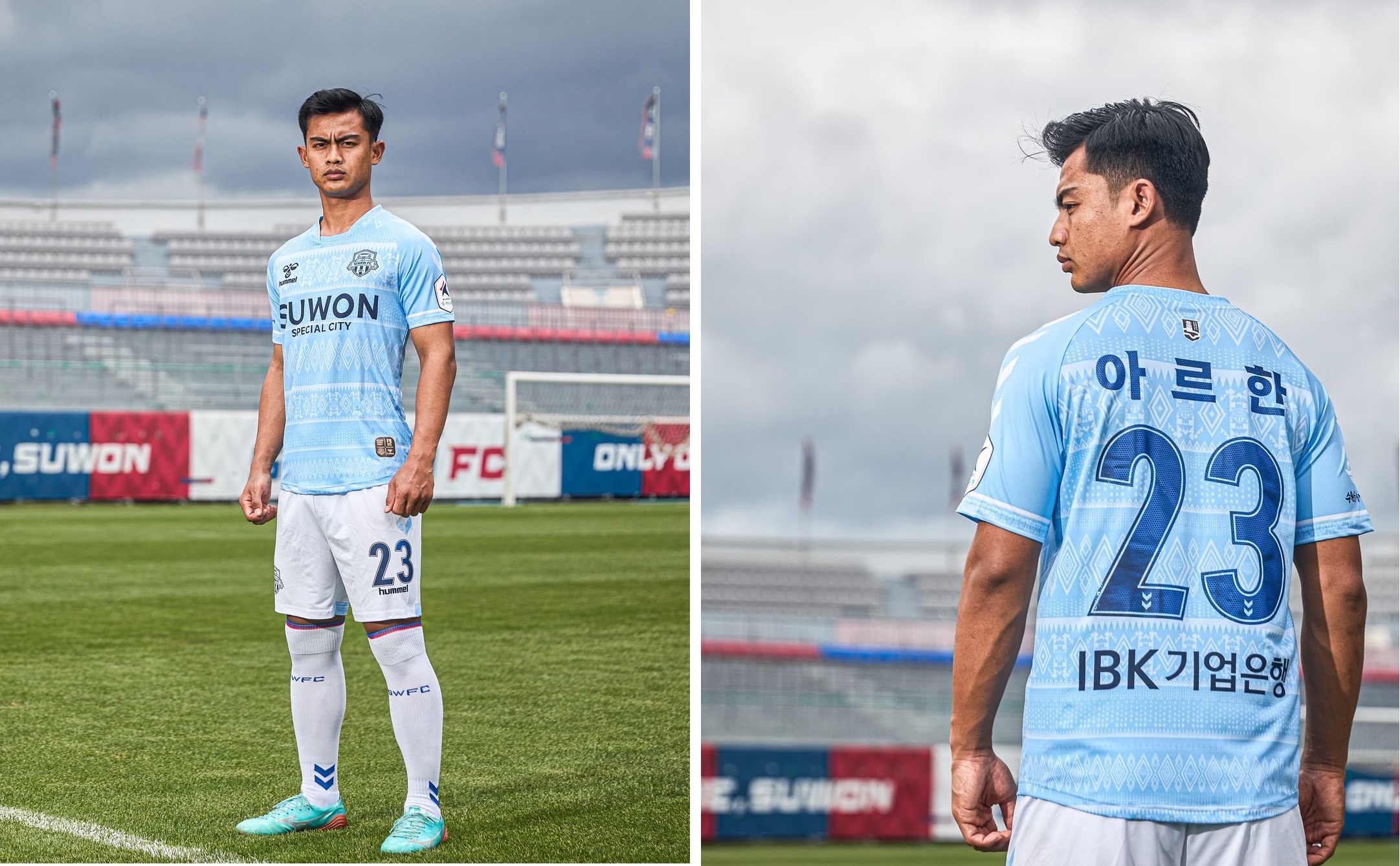 Pratama Arhan menjadi model dalam peluncuran jersey ketiga Suwon FC yang bermotif batik, Rabu (17/7/2024).  (Foto: Instagram @suwonfc)