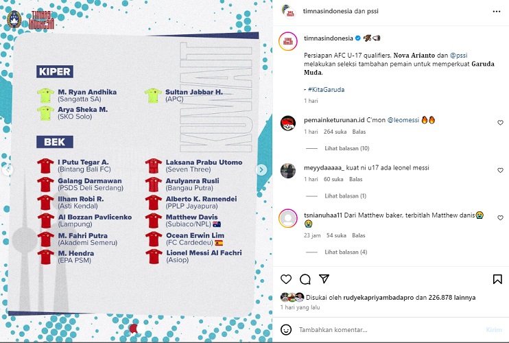 PSSI mengumumkan pemanggilan pemain untuk seleksi Timnas Indonesia U-17. (Foto: Instagram @PSSI)