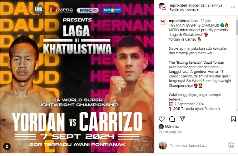 Petinju Indonesia, Daud Yordan, akan menghadapi Hernan Carrizo di GOR Terpadu Ayani, Pontianak pada 7 September 2024 mendatang. (Foto: Instagram @mprointernational)