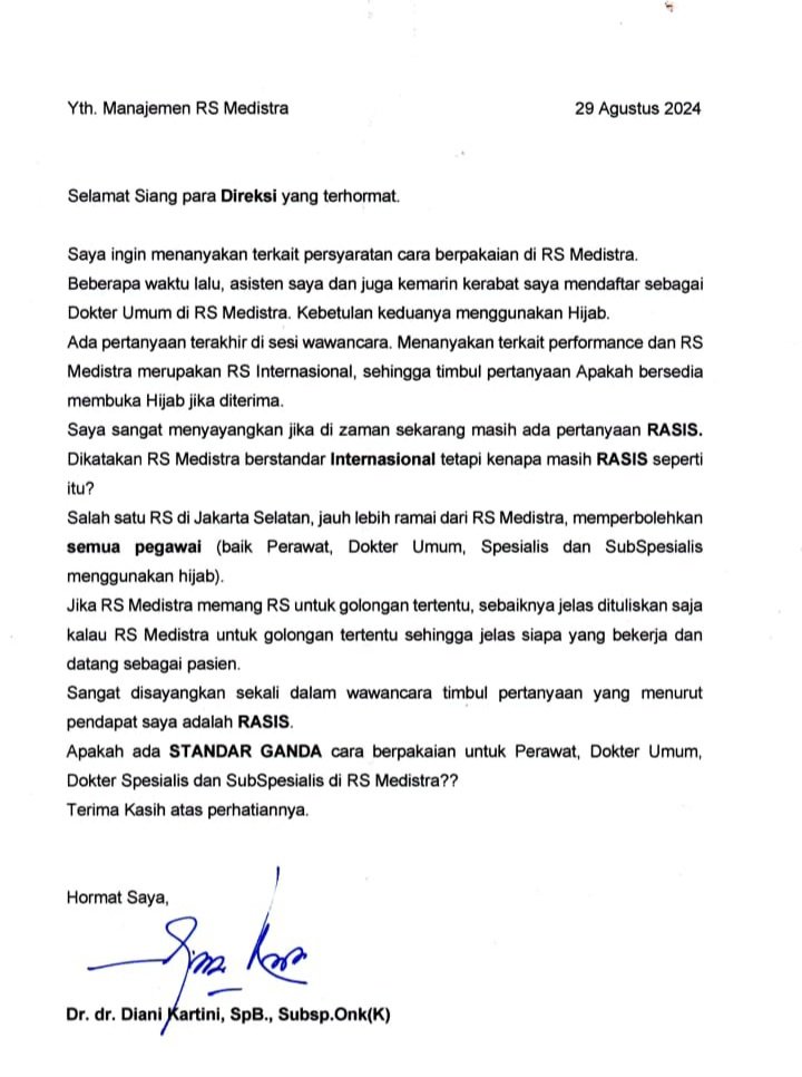 Surat dr Diani Kartini untuk manajemen RS Medistra yang viral tersebar di media sosial.