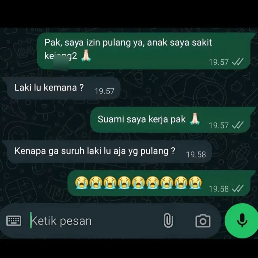 permintaan izin si ibu kepada atasannya agar bisa pulang, karena anaknya sakit.