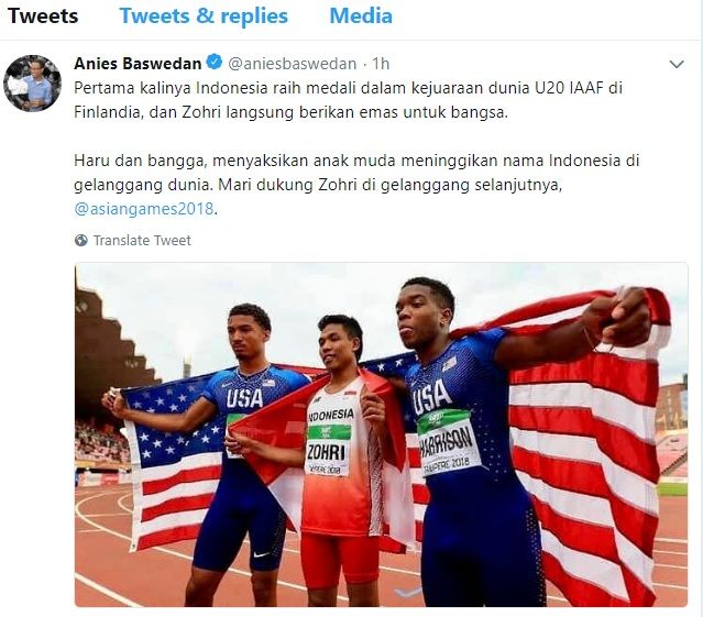 Sebut The Flash Indonesia, Anies-Sandi pun Ikut Bangga Prestasi Zohri