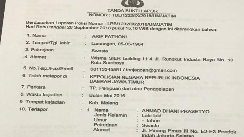 Ahmad Dhani Dilaporkan ke Polda Jatim Atas Dugaan Penipuan