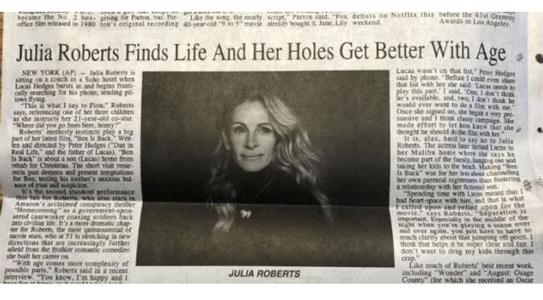 Heboh Typo Judul Koran di AS soal 'Lubang' Aktris Julia Roberts