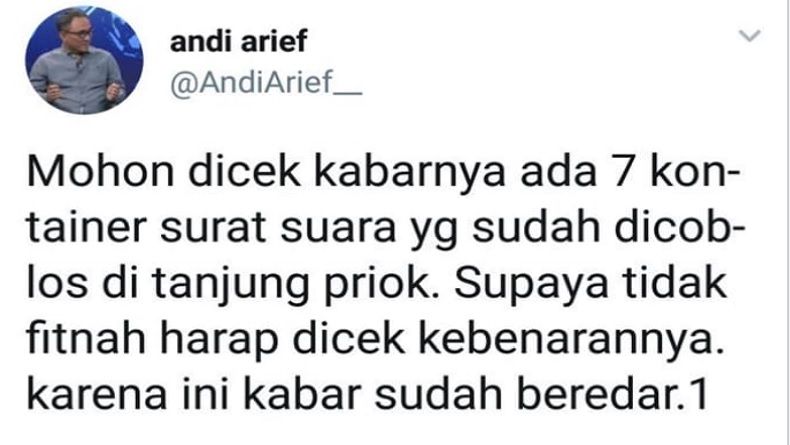 Andi Arief Sempat Bikin Tweet Surat Suara Tercoblos di Tanjung Priok