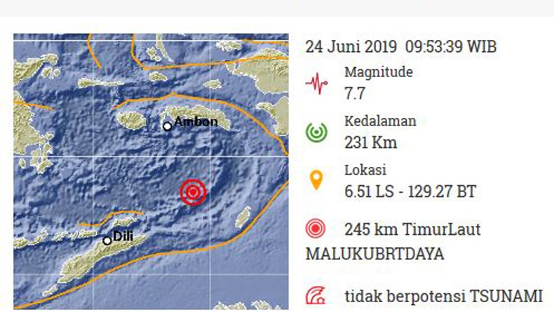 Gempa Bumi Tektonik Berkekuatan 7,7 SR Guncang Maluku Barat Daya
