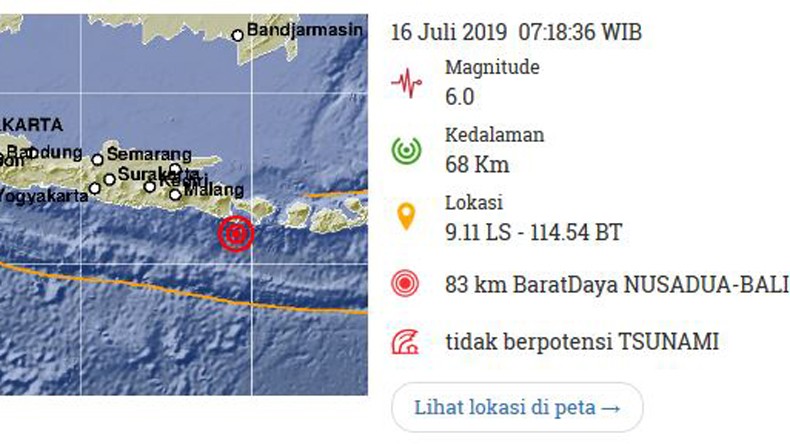 Gempa 6,0 SR Guncang Barat Daya Nusa Dua Bali, BMKG: Tidak Berpotensi Tsunami
