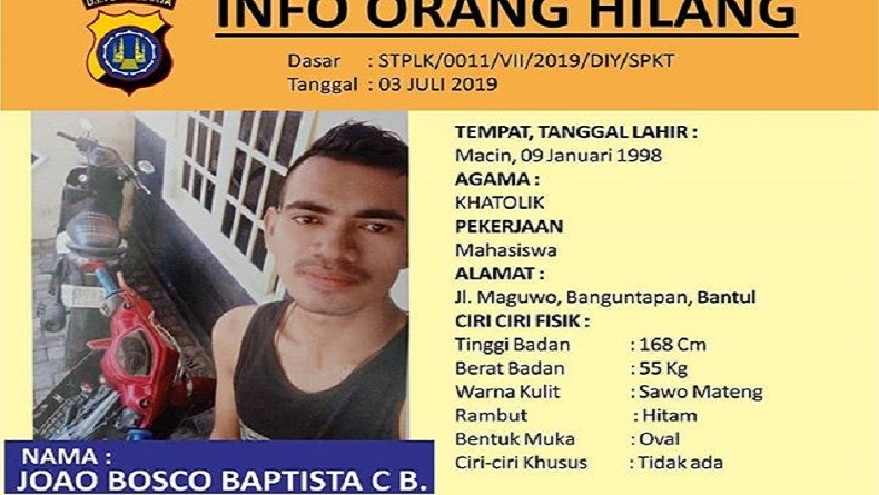 Polda DIY Selidiki Penculik dan Pembunuh Mahasiswa asal Timor Leste Joao Bosco