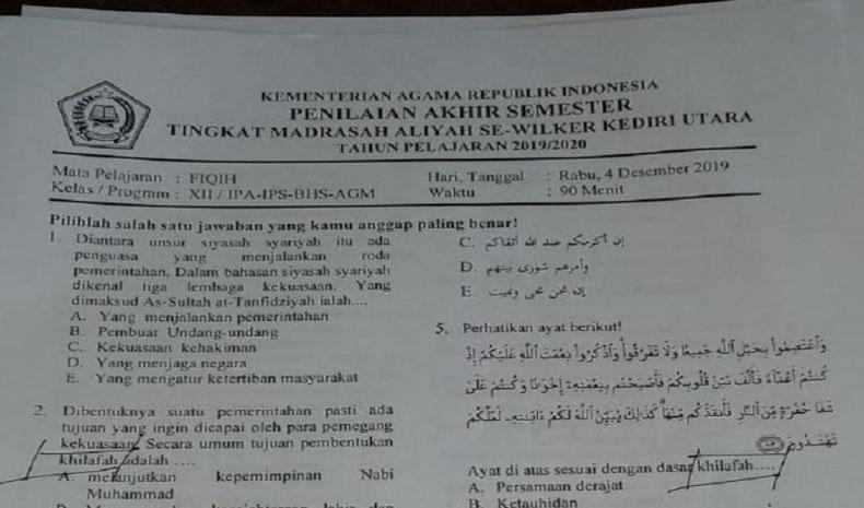 Kemenag Tarik Soal Ujian Semester Madrasah Aliah di Kediri yang Memuat Khilafah