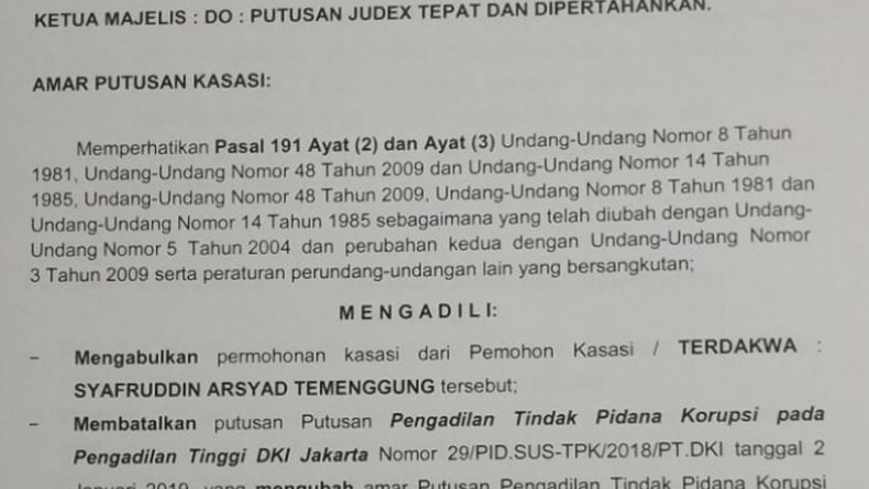 Ini Amar Putusan Lengkap MA yang Bebaskan Terdakwa BLBI Syafruddin Temenggung