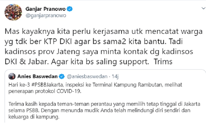 Ganjar Pranowo Balas Cuitan Anies Baswedan, Netizen: Telepon Langsung Pak