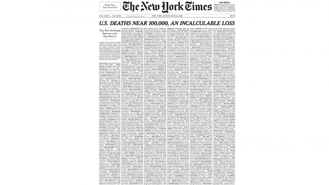 Tak Biasa, Koran New York Times Tampilkan Nama-Nama Korban Meninggal akibat Covid-19 di Halaman Muka