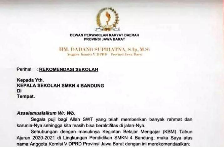 Heboh Surat Berisi Rekomendasi Siswa ke Sekolah Negeri, Ini Kata DPRD Jabar