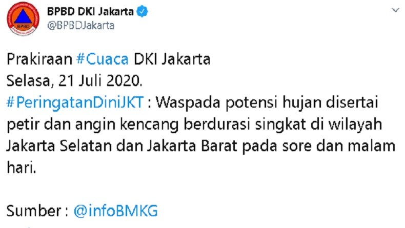 BPBD DKI Keluarkan Peringatan Dini Waspada Potensi Hujan Disertai Angin Kencang