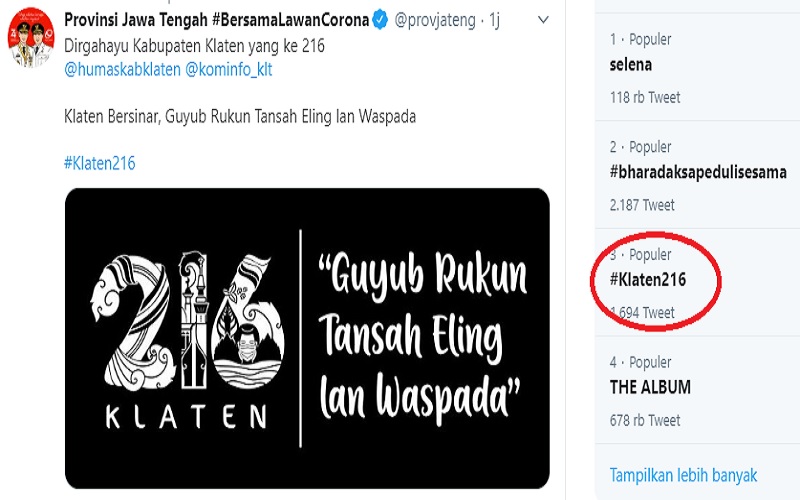Bukan soal Bupati, Tagar #Klaten216 Trending Topic Twitter