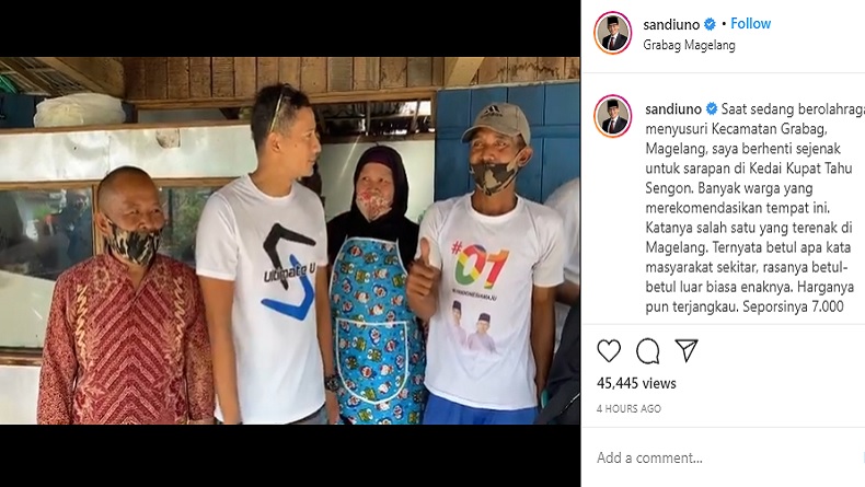 Sandi Makan Kupat Tahu di Magelang, Netizen Salfok Kaos Jokowi