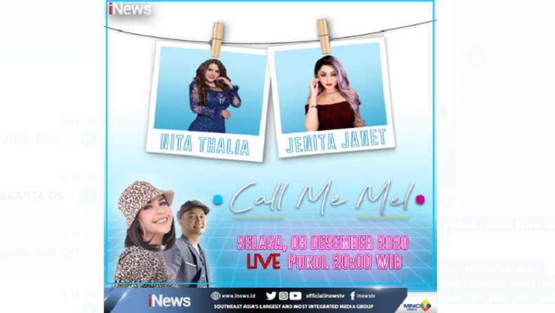 Call Me Mel Live di iNews dan RCTI+ Selasa Pukul 20.00: Nita Thalia dan Jenita Janet Bongkar Penyebab Perceraian
