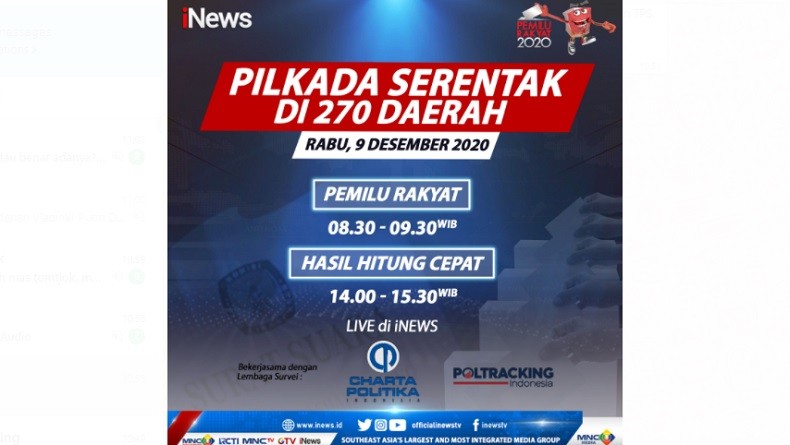 Live! Saksikan Hasil Hitung Cepat Pilkada Serentak 2020 di iNews dan RCTI+ Rabu Pukul 14.00 WIB
