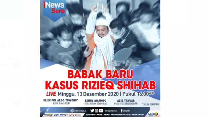 ”iNews Sore” Live di iNews dan RCTI+ Minggu Pukul 16.00: Babak Baru Kasus Rizieq Shihab