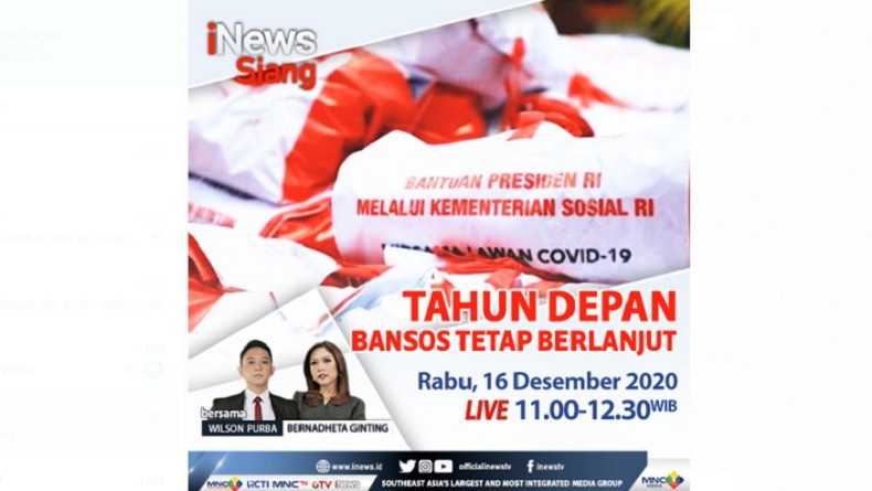 iNews Siang Live di iNews dan RCTI+ Rabu Pukul 11.00, Tahun Depan Bansos Masih Berlanjut