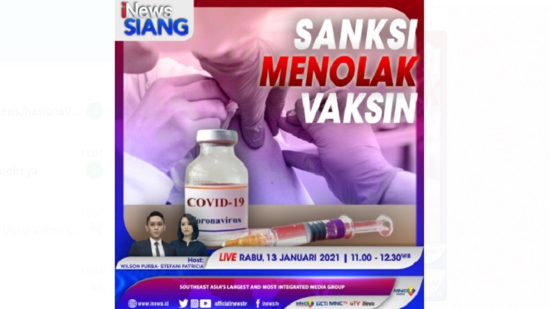 iNews Siang Live di iNews dan RCTI+ Rabu Pukul 11.00: Sanksi Menolak Vaksin