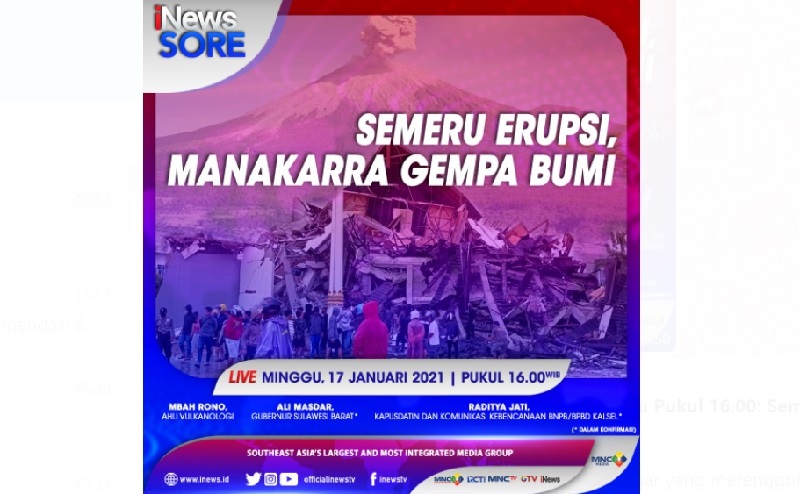 iNews Sore Live di iNews dan RCTI+ Minggu Pukul 16.00 WIB: Semeru Erupsi, Manakarra Gempa Bumi