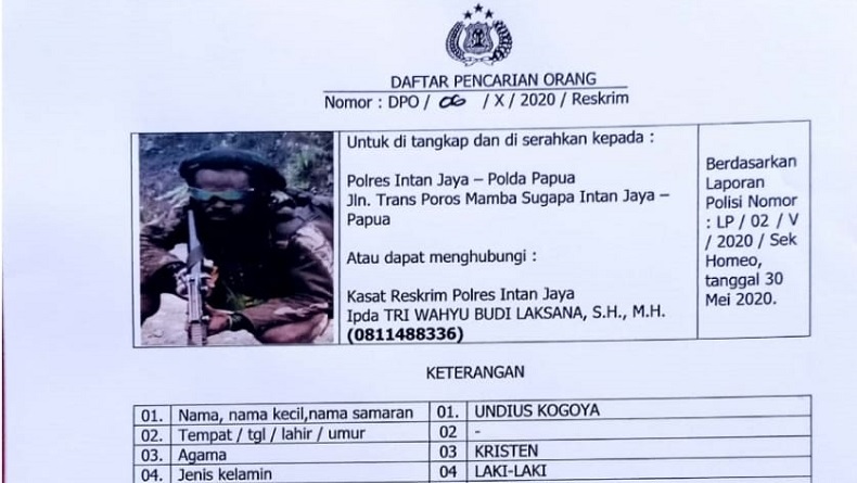 Catat 25 Kasus KKB di Intan Jaya, TNI-Polri Buru Undius Kogoya